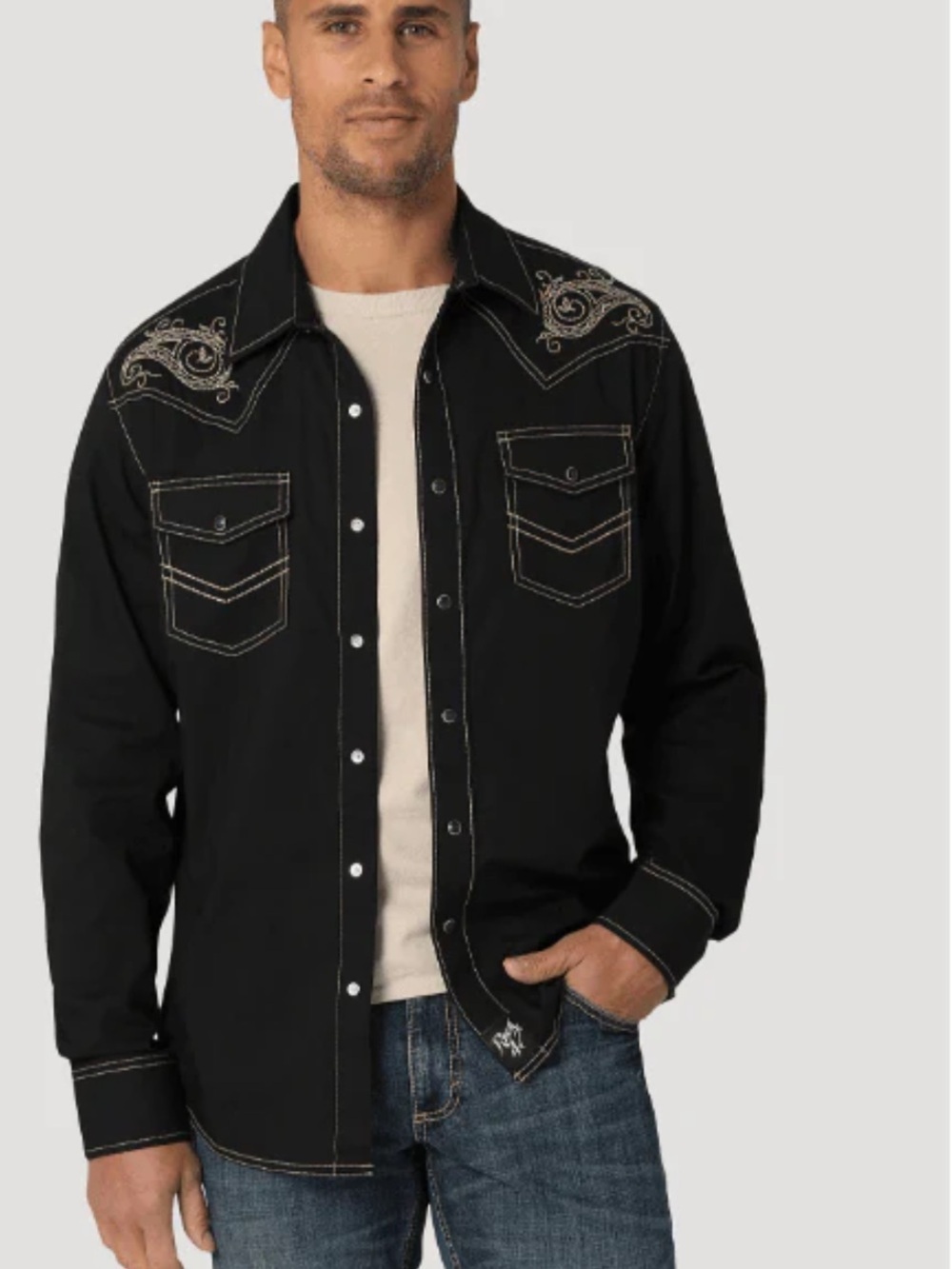 Wrangler Black Long-Sleeve Western Shirt with Cream Embroidery